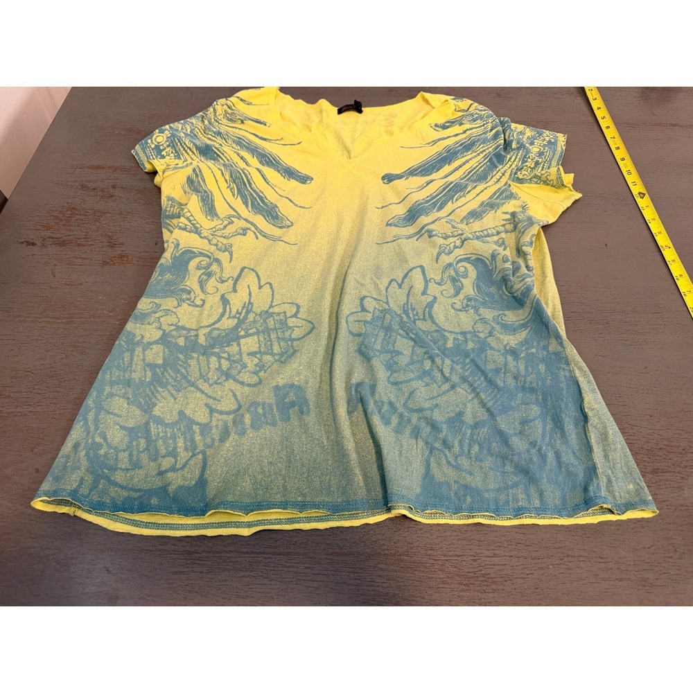 Seven7 Luxe Womens Yellow Blue Ombre Graphic Eagle V-Neck T-Shirt Size 18/20
